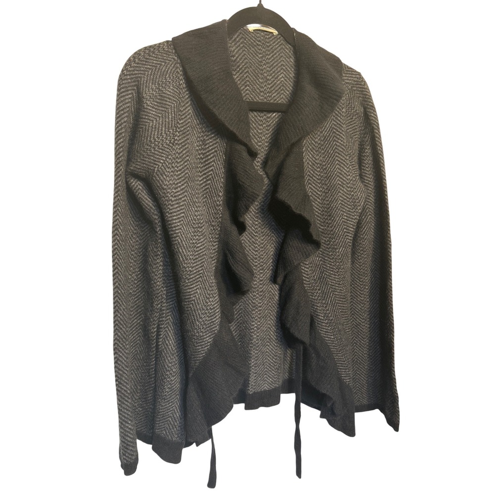 Malika Cashmere Shawl Collar Tie Front Cardigan Gray Black Herringbone‎ Size M